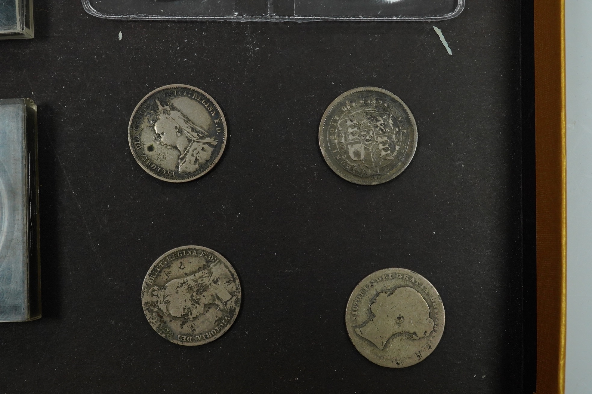 British silver coins, five Victoria crowns, 1844 VG, 1889 about EF, 1889 Fine, 1893 VG, 1895 near VF, 1902 shilling, good VF, four various shillings, 1873 Gothic florin, three later crowns, 1935 about EF, 1937 EF and 195